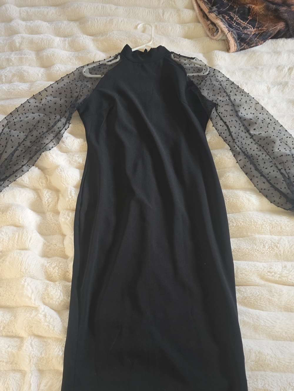 SHEIN Black Midi Dress with Sheer Polka Dot Long Sleeves